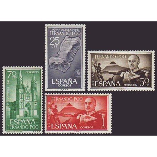 Fernando Poo 199/02 1961 XXV Aniv. de la exaltación de franco a ala jefatura Mapa-Franco-Catedral MNH
