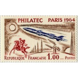 France Francia Nº 1422 1964 PHILATEC París Mísil, caballo, antenas... con viñeta Fijasellos France Francia Nº 1422 1964 PHILATEC París Mísil, caballo, antenas... con viñeta Fijasellos