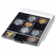 Leuchtturm 343232 Bandeja para monedas 12 divisiones cuadradas 67 x 67 mm, color humo, con bandeja negra