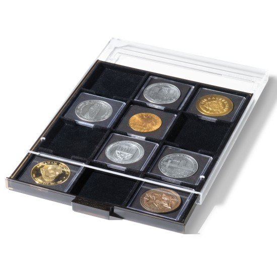 Leuchtturm 343232 Bandeja para monedas 12 divisiones cuadradas 67 x 67 mm, color humo, con bandeja negra Leuchtturm 343232 Bandeja para monedas 12 divisiones cuadradas 67 x 67 mm, color humo, con bandeja negra