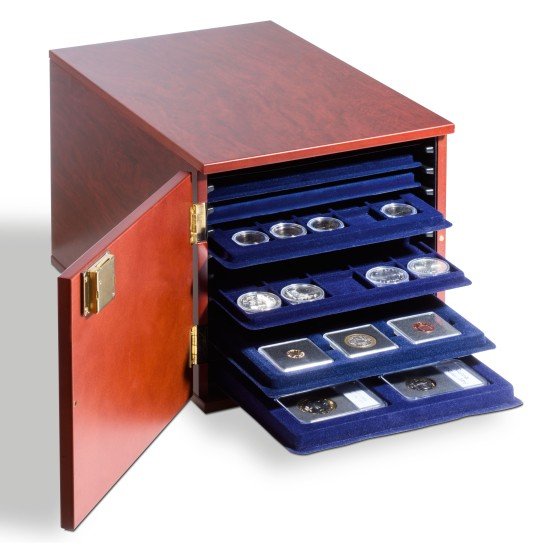 Leuchtturm 344974 Gabinete para 10 bandejas de mondedas tab de formato-L, madera color caoba Leuchtturm 344974 Gabinete para 10 bandejas de mondedas tab de formato-L, madera color caoba