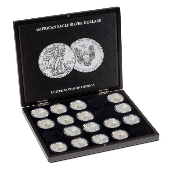 Leuchtturm 348033 Estuche VOLTERRA para 20 monedas de plata American Eagle en cápsulas, negro Leuchtturm 348033 Estuche VOLTERRA para 20 monedas de plata American Eagle en cápsulas, negro