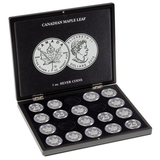 Leuchtturm 348034 Estuche VOLTERRA para 20 monedas de plata Maple Leaf en cápsulas, negro Leuchtturm 348034 Estuche VOLTERRA para 20 monedas de plata Maple Leaf en cápsulas, negro