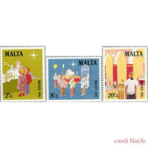 Malta 640/42 1981 Navidad Sorteo a favor de la infancia Ilustraciones de la fiesta de Navidad