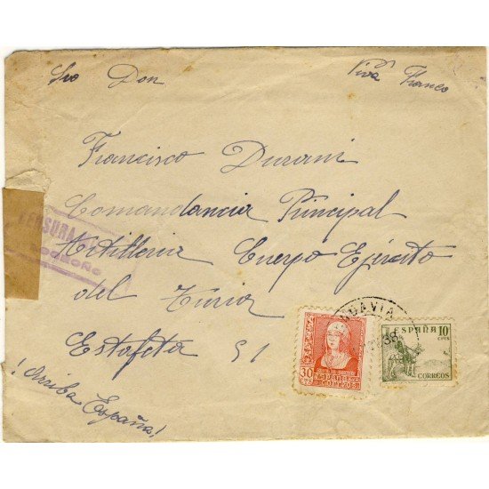 Historia postal - HP1938 - ESPAÑA CARTA MENDAVIA A LOGROÑO CENSURA MILITAR