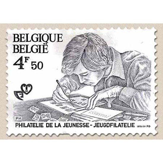 Bélgica - 1907 - 1978 Filatelia de la juventud Joven colocando sellos Lujo Bélgica - 1907 - 1978 Filatelia de la juventud Joven colocando sellos Lujo